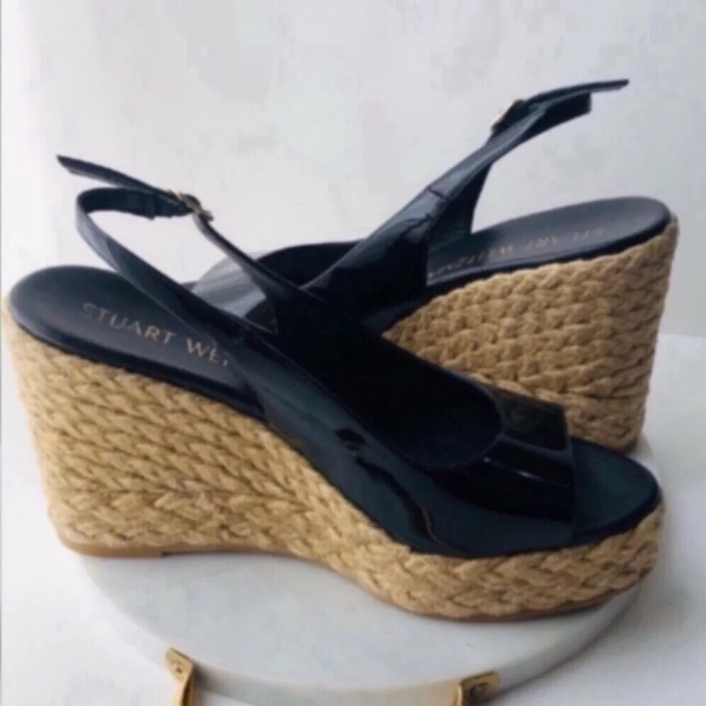 STUART WEITZMAN Island Espadrille Black Patent Leather Platform Slingback Wedges